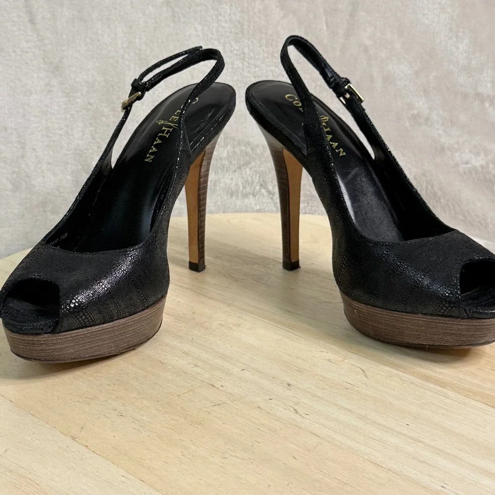 Cole Haan NikeAir Black Snake Embossed Platform Slingback Peep Toe Heels 5.5B‎